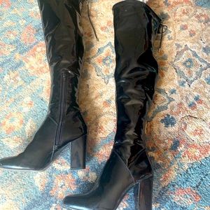 Call It Spring knee high faux patent leather boots with a square chunky heel.